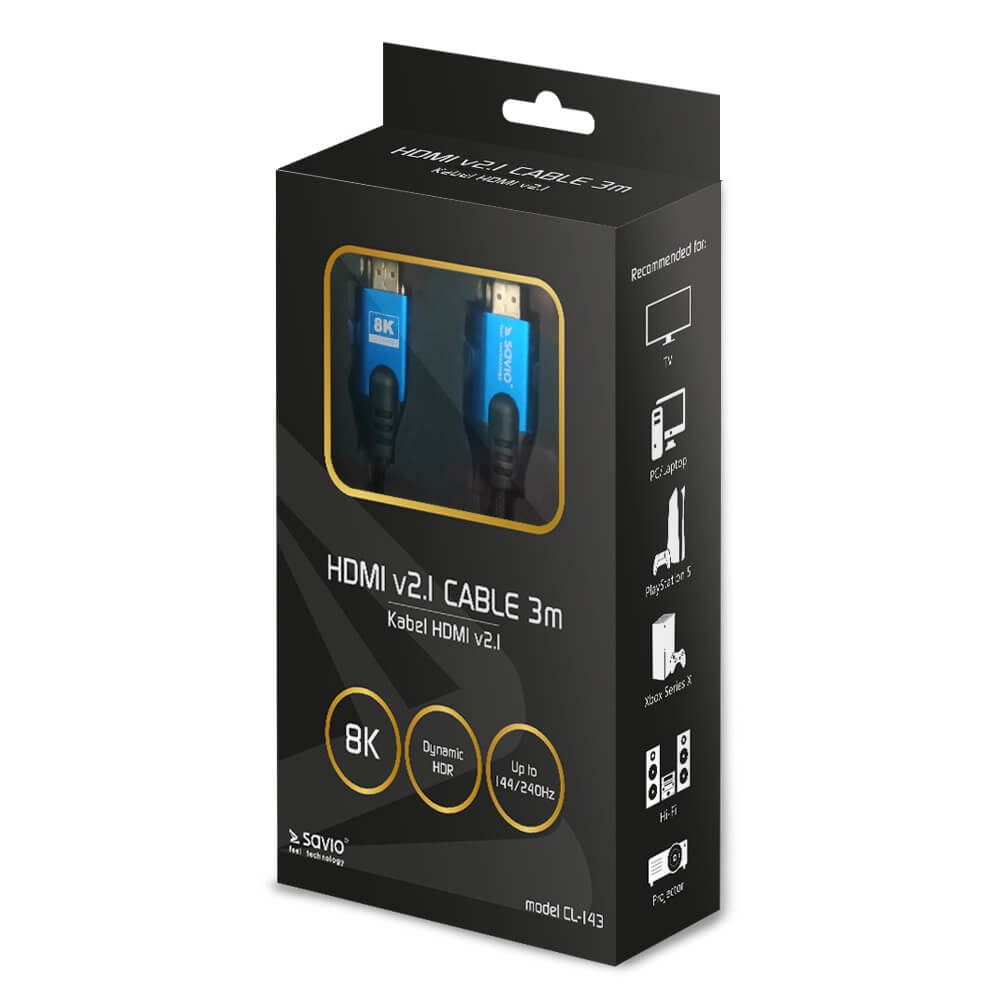 Kabel HDMI (M) v2.1, 3m, 8K, miedź, niebiesko-czarny, złote końcówki, ethernet/3D, CL-143