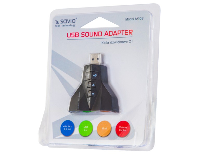 Karta dźwiękowa USB 7w1, dźwięk Virtual 7.1CH, Plug & Play, blister, AK-08
