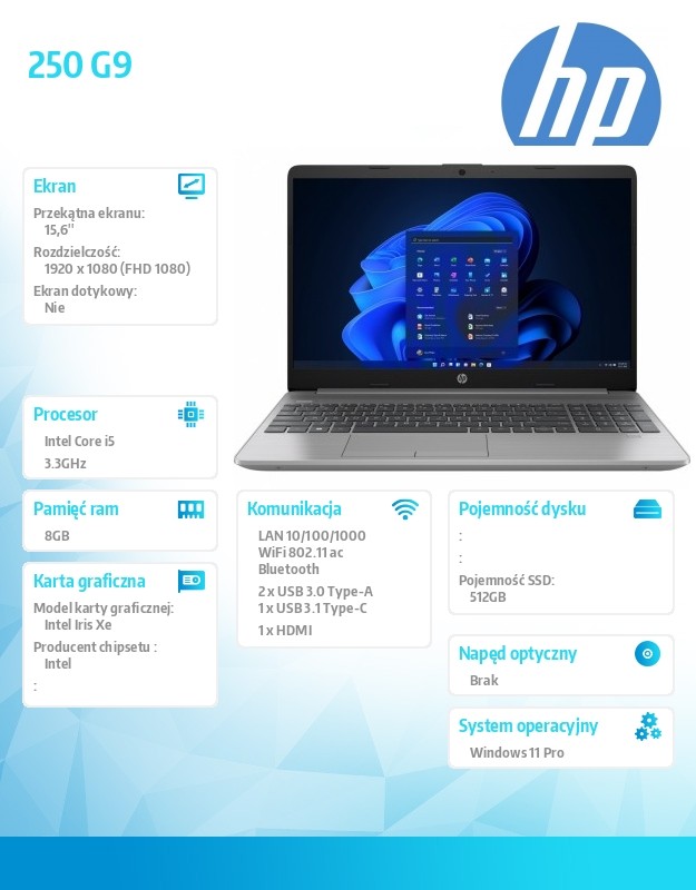 Notebook 250 G9 i5-1235U 512GB/8GB/W11P/15.6 6F2C7EA