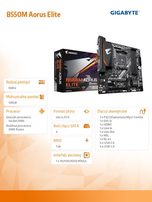 Płyta główna B550M AORUS ELITE AM4 4DDR4 2HDMI/DVI-D mATX