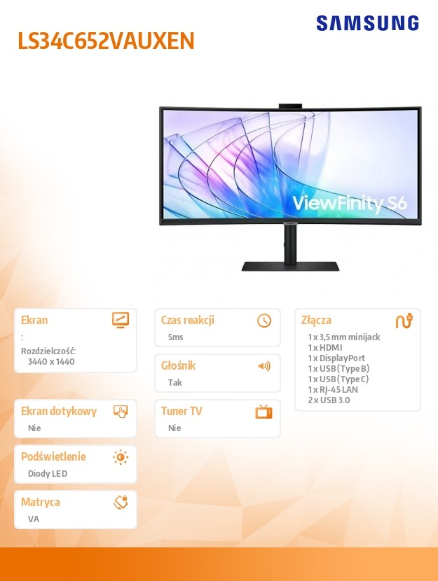 Monitor 34 cale ViewFinity S65VC VA 3440x1440 UWQHD 21:9 1xHDMI 1xDP 1xUSB-C (90W) 2xUSB 3.0 LAN (RJ45) 5ms HAS Webcam głośniki zakrzywiony 3YOS