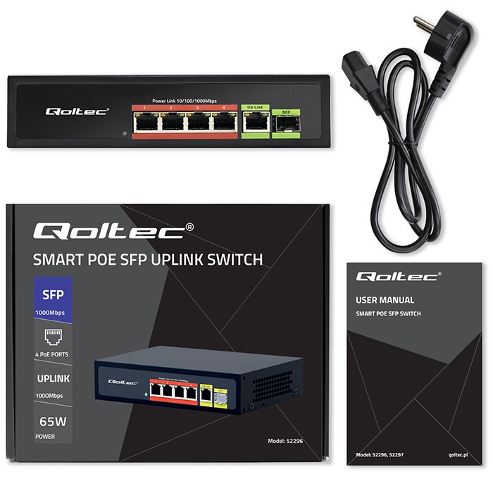 Przełącznik sieciowy SWITCH FAST ETHERNET PoE 4x RJ45 PoE 1x RJ45Uplink 1x SFP | 65W | 1000 Mb/s