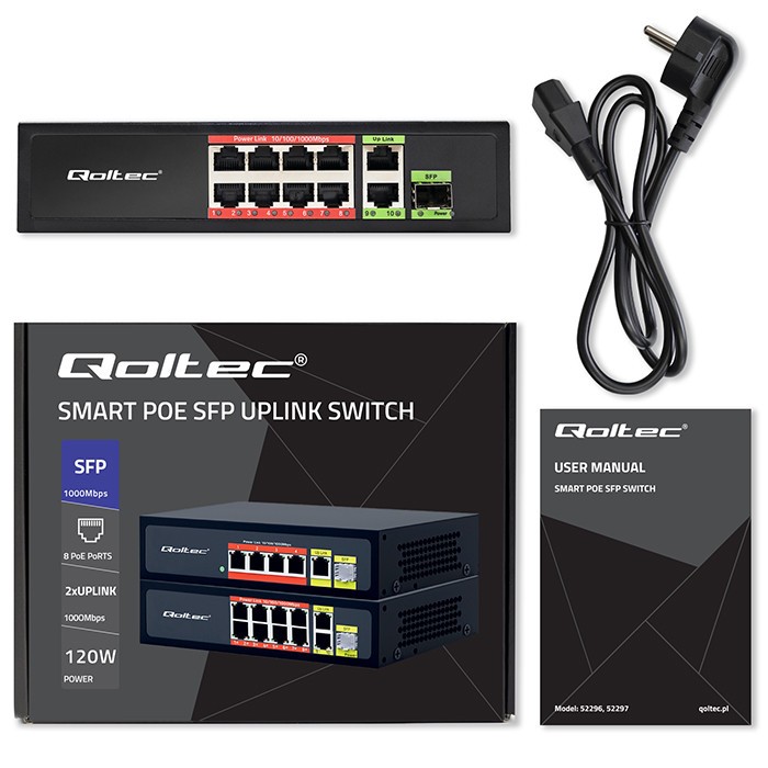 Przełącznik sieciowy SWITCH FAST Ethernet 8x RJ45 PoE 2x RJ45 Uplink 1x SFP | 120W | 1000Mb/s