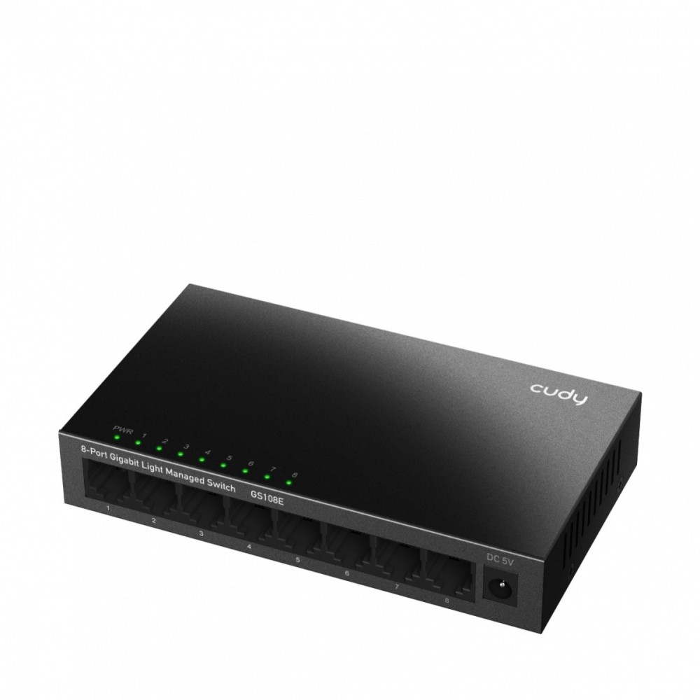 8-Port Gigabit Light Managed Switch with 8× 10/100/1000 Mbps RJ45 ports, desktop metal design, powered by external adapter.
