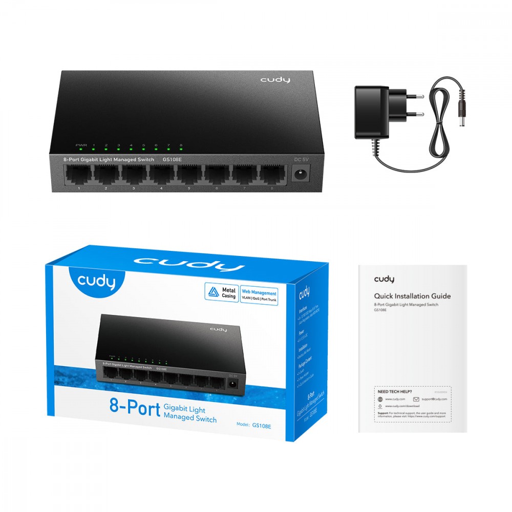 8-Port Gigabit Light Managed Switch with 8× 10/100/1000 Mbps RJ45 ports, desktop metal design, powered by external adapter.