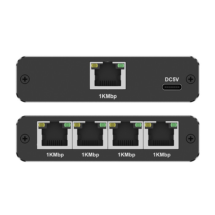 Rozdzielacz splitter Ethernet mini SWITCH 1x4 RJ45 | 1000Mb/s | USB-C | Aluminium