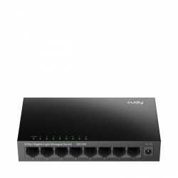 8-Port Gigabit Light Managed Switch with 8× 10/100/1000 Mbps RJ45 ports, desktop metal design, powered by external adapter.