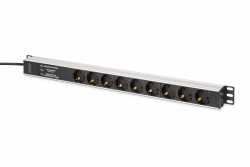 Listwa zasilająca PDU Rack (620mm) z zabezpieczeniem przeciwprzepięciowym + filtr EMI/RFI, 9 gniazd Schuko CEE 7/3 (45°), kabel 2m wtyk Unischuko CEE